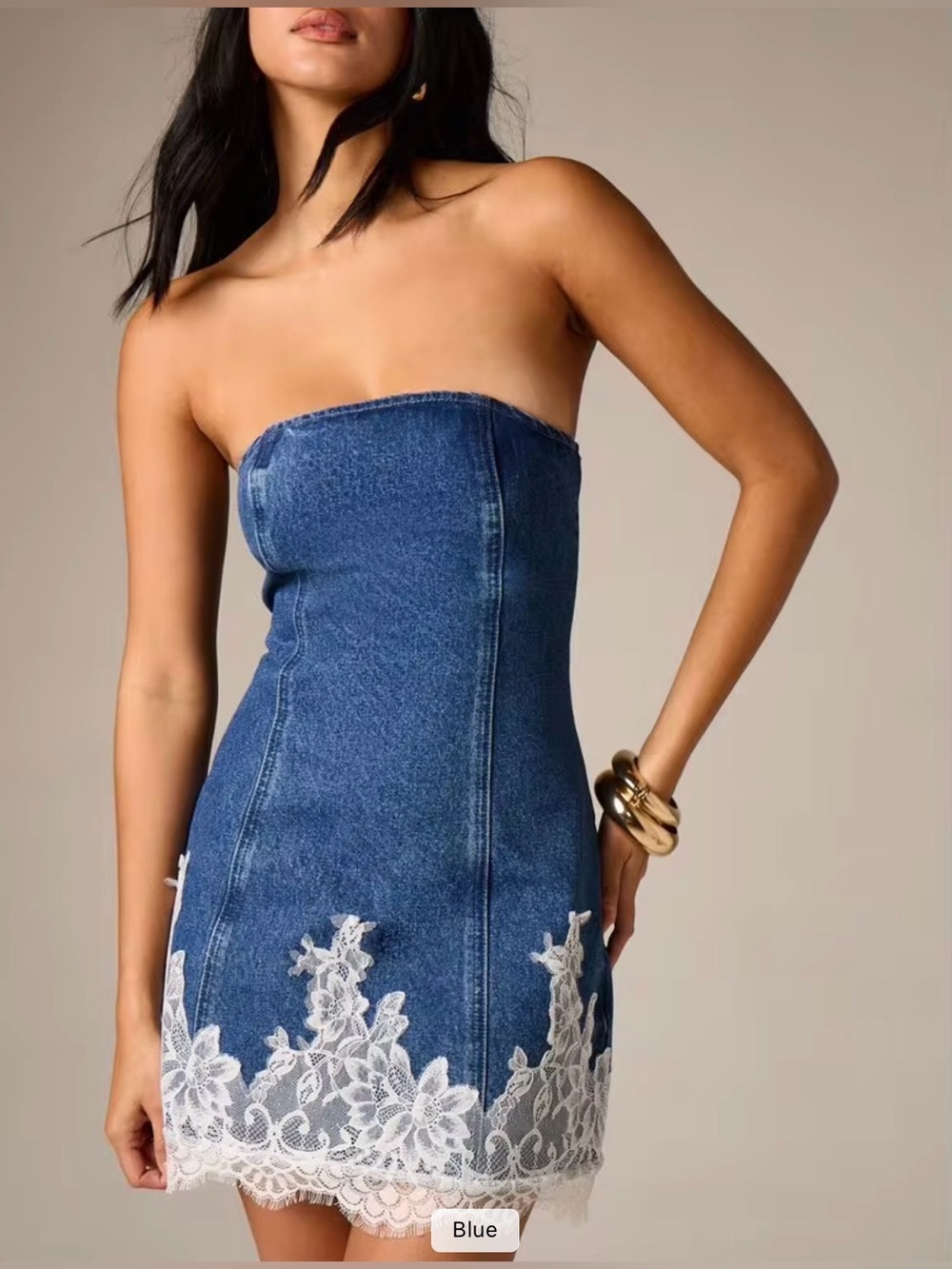 NWT Aiirz Strapless Denim Mini Dress With Lace Floral Appliqué - Picture 4 of 8